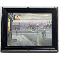 Steven Scholes (Northern British 1952-): 'The King's Arms Opening Time Collyhurt - Manchester 1962', oil on canvas signed, titled verso 29cm x 39cm