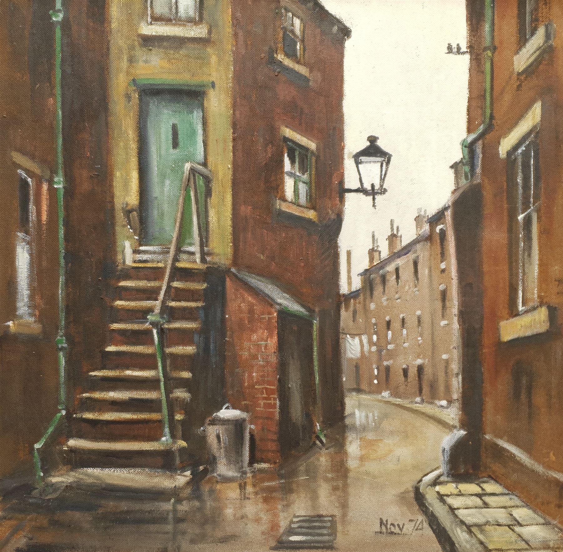 Stuart Walton (Northern British 1933-): Terraced Street Leeds, oil on board unsigned dated Nov. 74 - the reverse mounted with a canvas 'York Road Leeds' dated Sept. 74, 59cm x 59cm