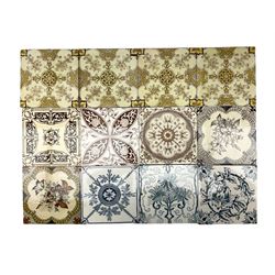 Collection of 19th century tiles, to include set of four ornate floral examples in yellow, cream and brown, three stamped 'Mafeking', Minton Hollins & Co blue and white tile, other blue and white, ornately decorated coloured examples etc , H15cm W15cm (12)