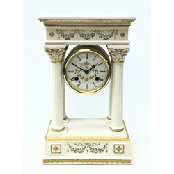  Porcelain 'Empress Josephine' portico clock decorated with roses, by Franklin Mint, Roman dial, striking the half hours on two small bells, H37cm   