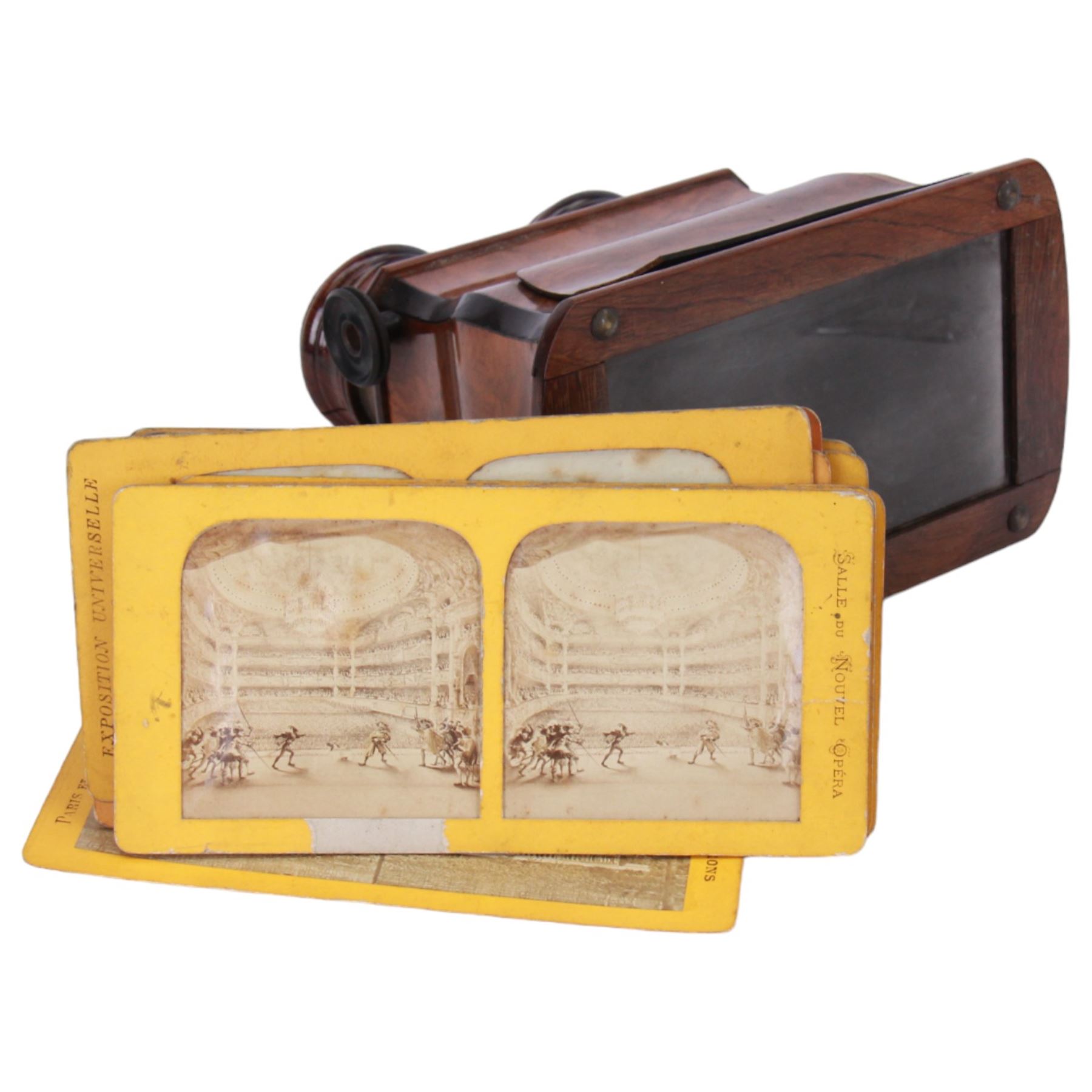 Early 20th century Brewster pattern stereo viewer in burr walnut finish, together with twenty one slides of Parisian scenes