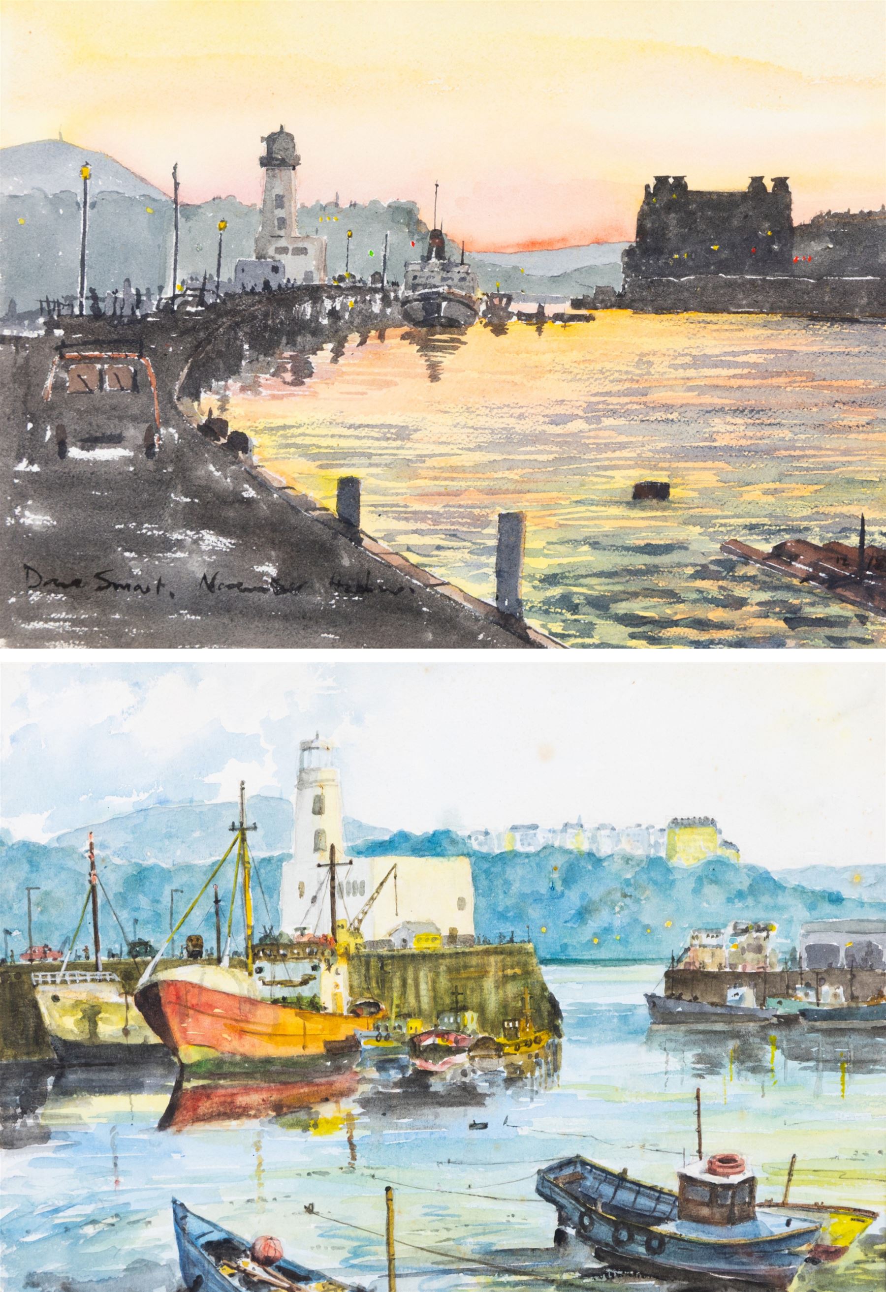 Dave Smart (British 20th Century): 'Sunset Harbour' and 'November Harbour', two watercolours signed and titled max 27cm x 36cm (2)