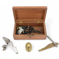 Horn powder flask, together with copper flask and a box of gun parts  