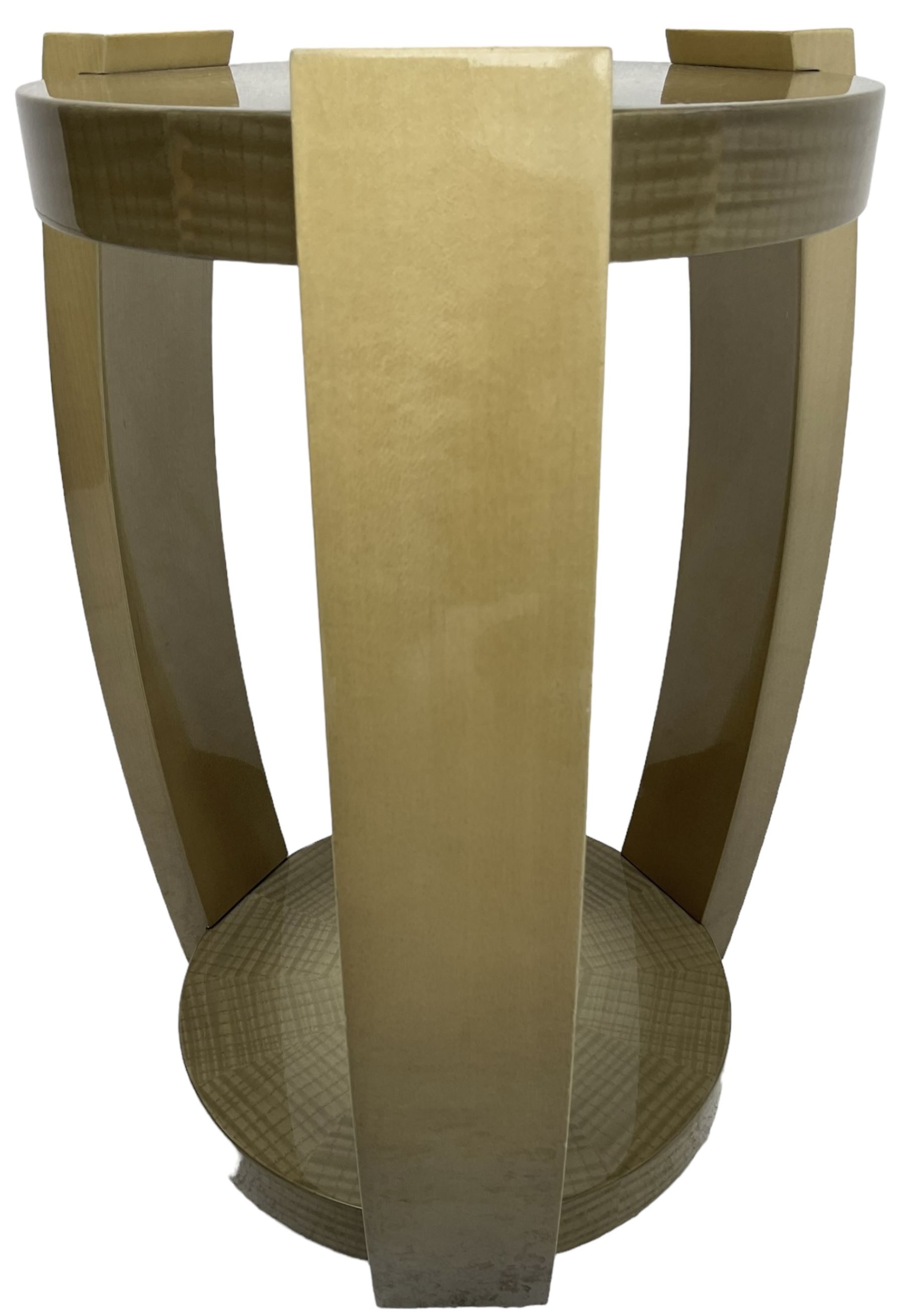 Sally Sirkin Lewis for J Robert Scott - 21st century 'Harlow' two-tier occasional table, circular sunburst veneer top on ombre curved supports, signed with initials 'SSL' and dated 2/11 in pen to base