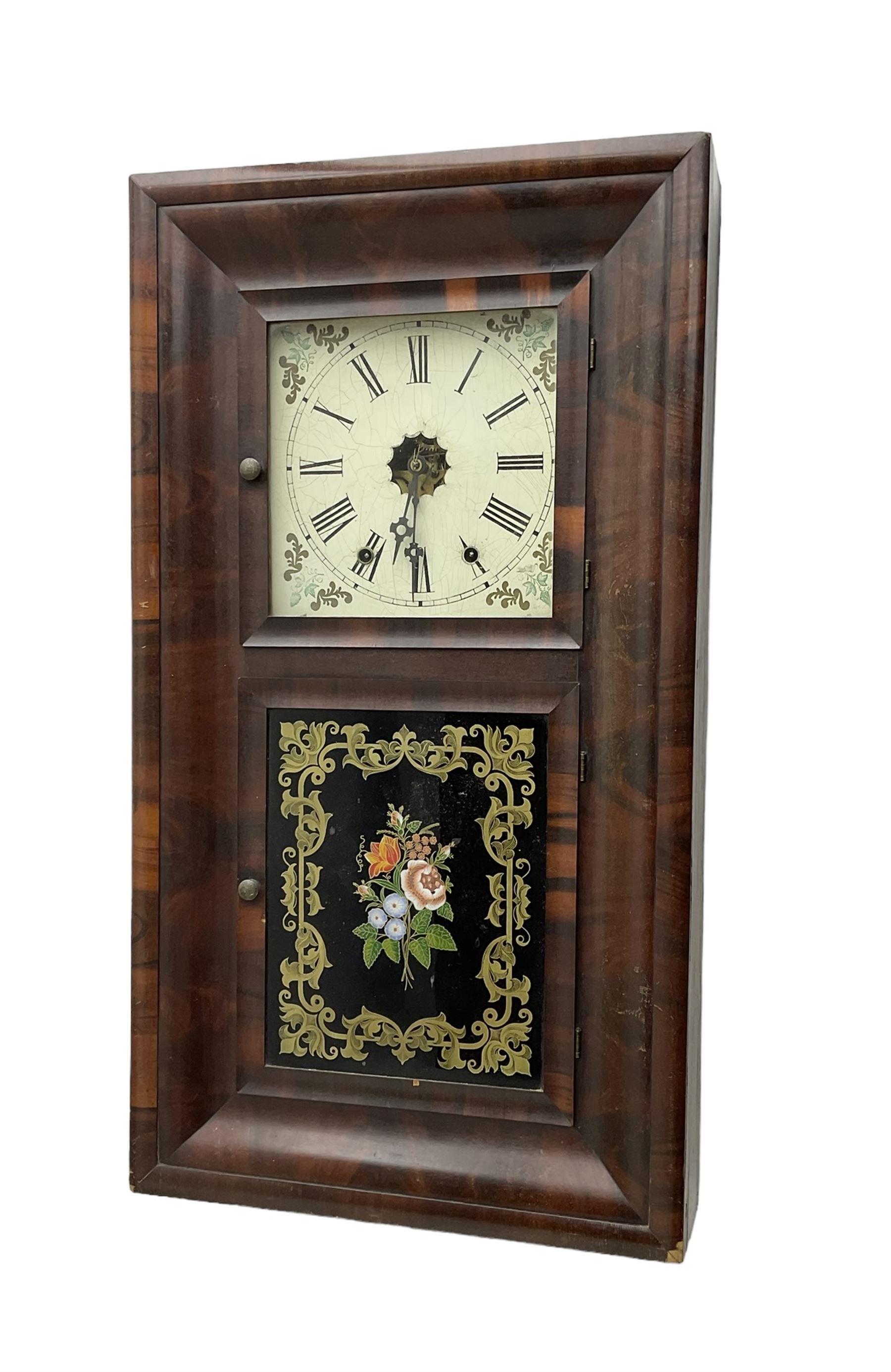 American - 19th century mahogany veneered 8-day ogee shelf clock, rectangular case with two glazed doors to the front, decorative glass tablet to the lower door with a depiction of flowers on a black background with a gold border, painted dial with Roman numerals, minute track, floral spandrels and Maltese cross steel hands, two train weight driven movement, striking the hours on a coiled gong. With the original Jerome trade label pasted on the inner back board of the case.