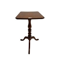 19th century walnut tripod table, canted rectangular tilt-top on turned column, three splayed supports