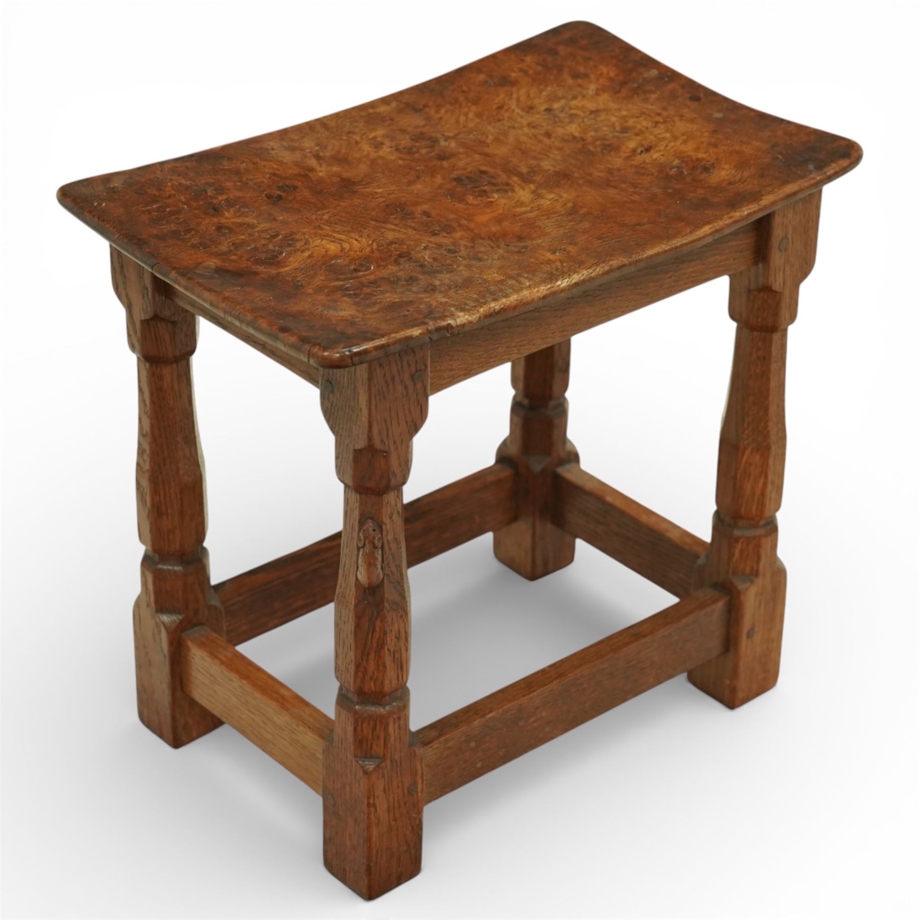 Mouseman - circa 1927 burr oak joint stool, with dished top, on chamfered octagonal supports, with  carved mouse signature, by Robert Thompson of Kilburn