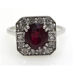  Art Deco style white gold ruby and diamond ring, hallmarked 18ct  