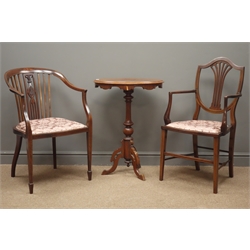  Edwardian inlaid mahogany bow back chair with upholstered seat, a similar elbow chair and a mahogany oval top wine table with turned column and three splayed supports  