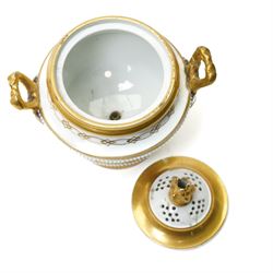 Pair of early 19th century potpourri, possibly Swansea, with twin gilt mascaron handles, the body painted with flowers on a gilt ground, spurious mark in red to base, H13cm  