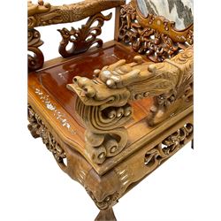 Pair of Chinese hardwood throne chairs, the back with grey marble inset surrounded by carved dragons and masks, inlaid with mother of pearl, the arm terminals carved with dragons, panelled seats inlaid with flowers and foliate motifs, on ball and claw carved cabriole feet