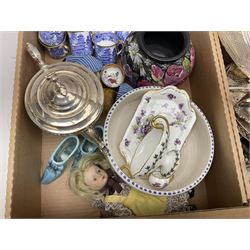 Large quantity of Victorian and later silver-plated metalware, to include repousse dishes, tea wares, Walker & Hall, child's Humpty Dumpty engraved cup and bear twin handled nursery bowl, cutlery etc, together with quantity of ceramics including Limoges and Poole, dolls etc