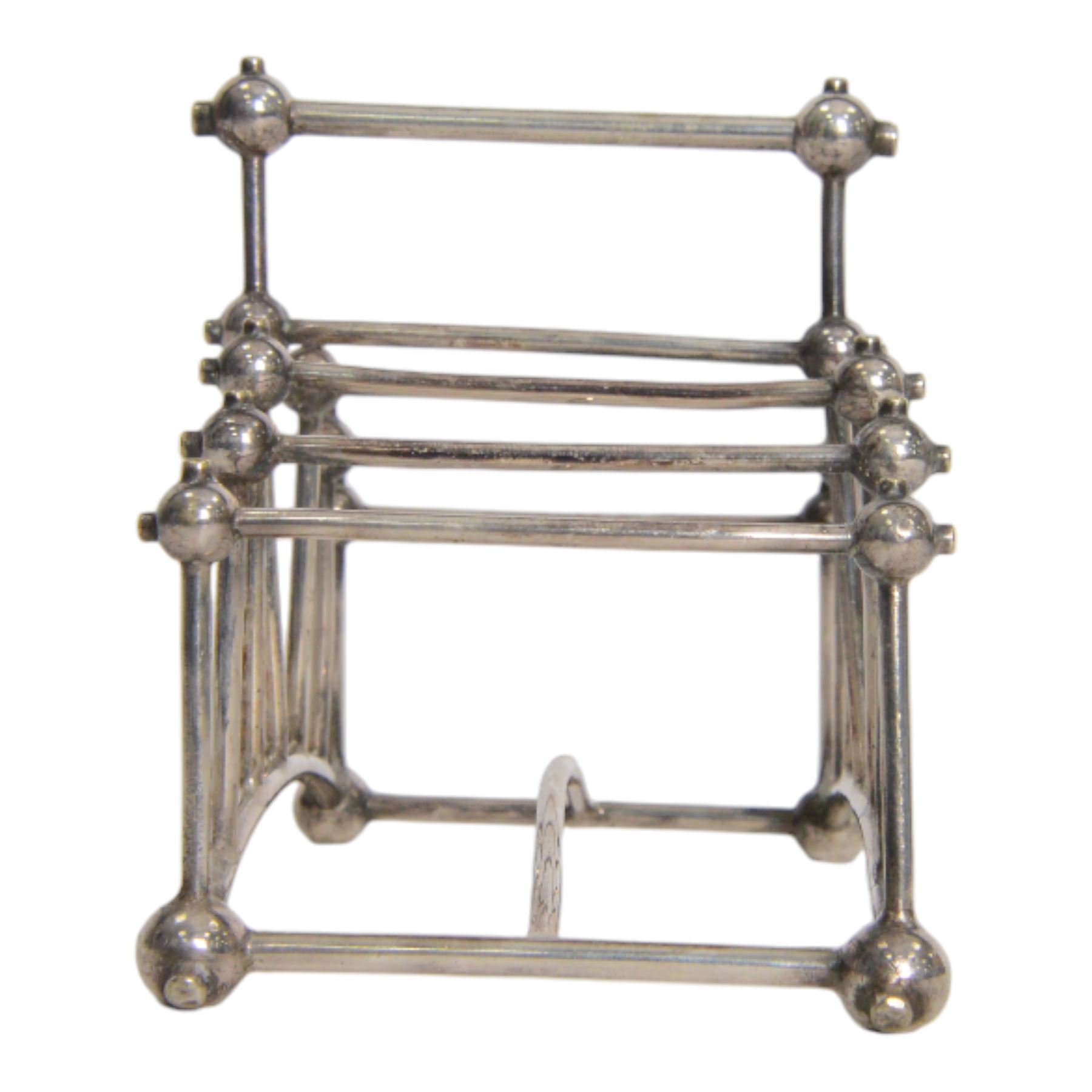 Christopher Dresser (1834-1904) for Hukin & Heath, silver plated six division bridge toast rack, circa 1880, Stamped makers marks and model number 2554, H12cm