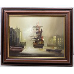 Barry Hilton (British 1941-): Galleon in a Moonlit Dock, oil on canvas signed 29cm x 40cm 
Provenance: with the Penny Hedge Gallery, Whitby, label verso
