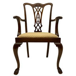 Chippendale style mahogany elbow chair, drop in upholstered seat