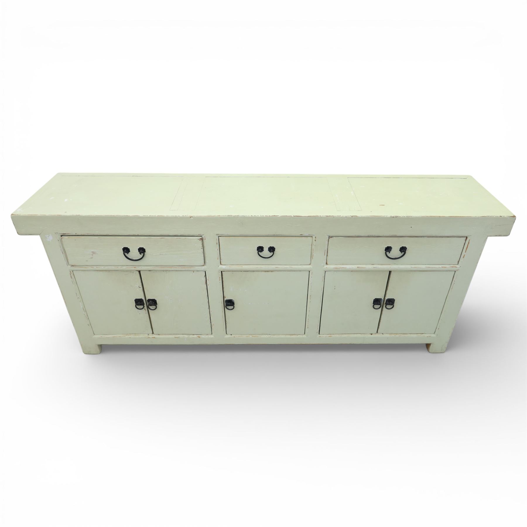 Large painted pine dresser sideboard, fitted with three drawers and five cupboards