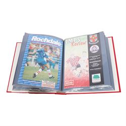 Comprehensive collection of approximately one-hundred and seventy Scarborough FC football programmes for the 1993/94, 1994/95 and 1995/96 seasons, all filed within six dedicated Scarborough FC red Home and Away binders