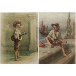 R Fleury (19th/20th century): Bohemian Boys with Violins, pair watercolours signed 51cm x 36cm (2)