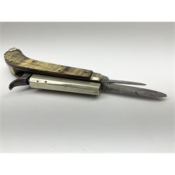 Mid-19th century James Rodgers Sheffield 160-bore (approx. 25cal.) percussion knife pistol with twin folding blades, known as 'Unwin & Rodgers Type', 9cm nickel tapering octagonal barrel with rear mounted nipple, boxlock central hammer action, smooth horn riveted side scales with nickel mounts housing nickel scissor action bullet mould, pair of tweezers and concealed butt compartment for ball/cap, folding trigger and two blades, one 8cm dagger style and one 5.5cm single edged utility blade L17.5cm overall closed
