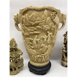 Collection of hardstone and soapstone, including hardstone seal carved temple dogs finial, inscription on base, together with inkwells, vases etc  