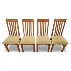 Contemporary square light oak extending dining table, and set of four chairs, table extends to 180cm