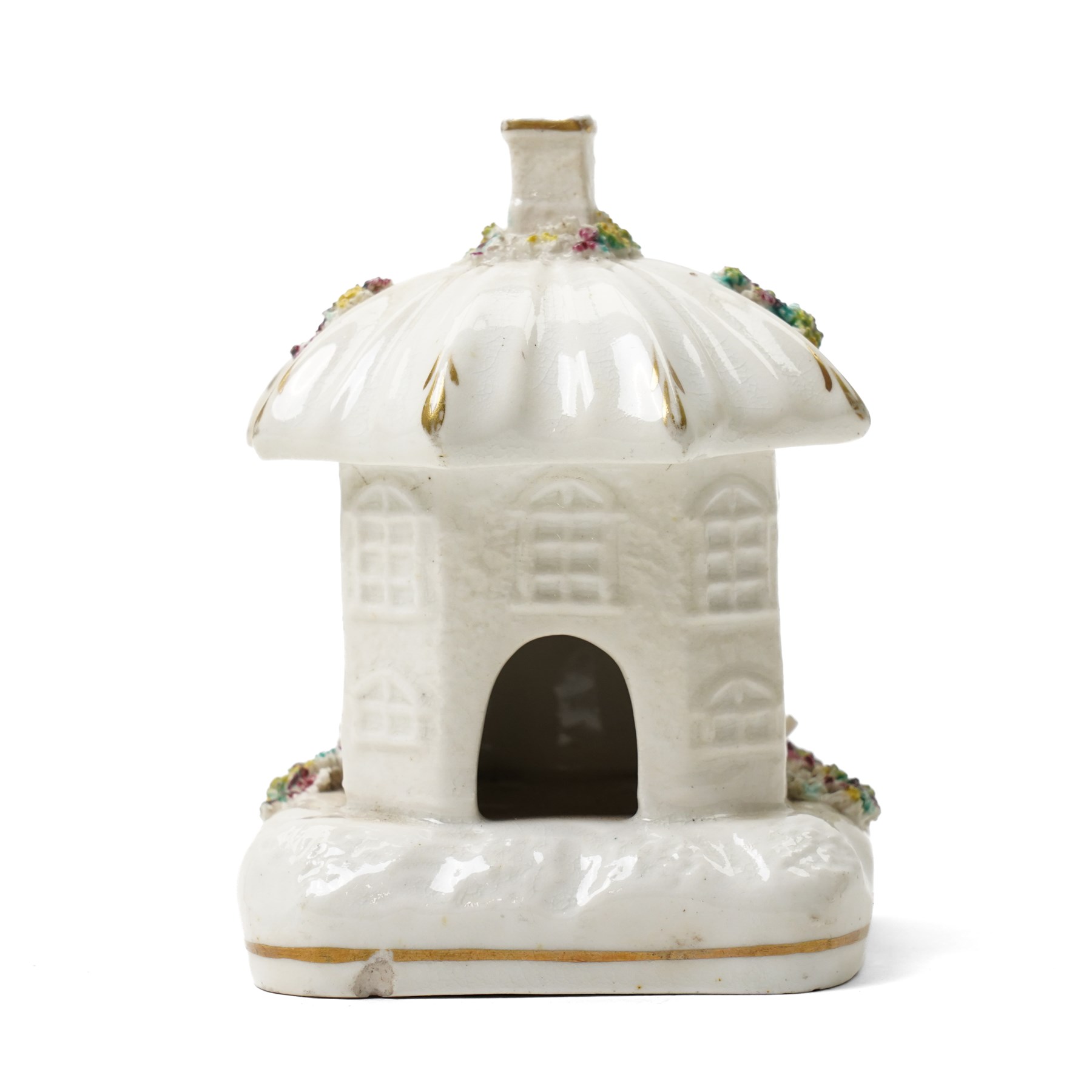 19th century Staffordshire fox head stirrup cup H12cm and a pastille burner in the form of a two storey cottage (2)
