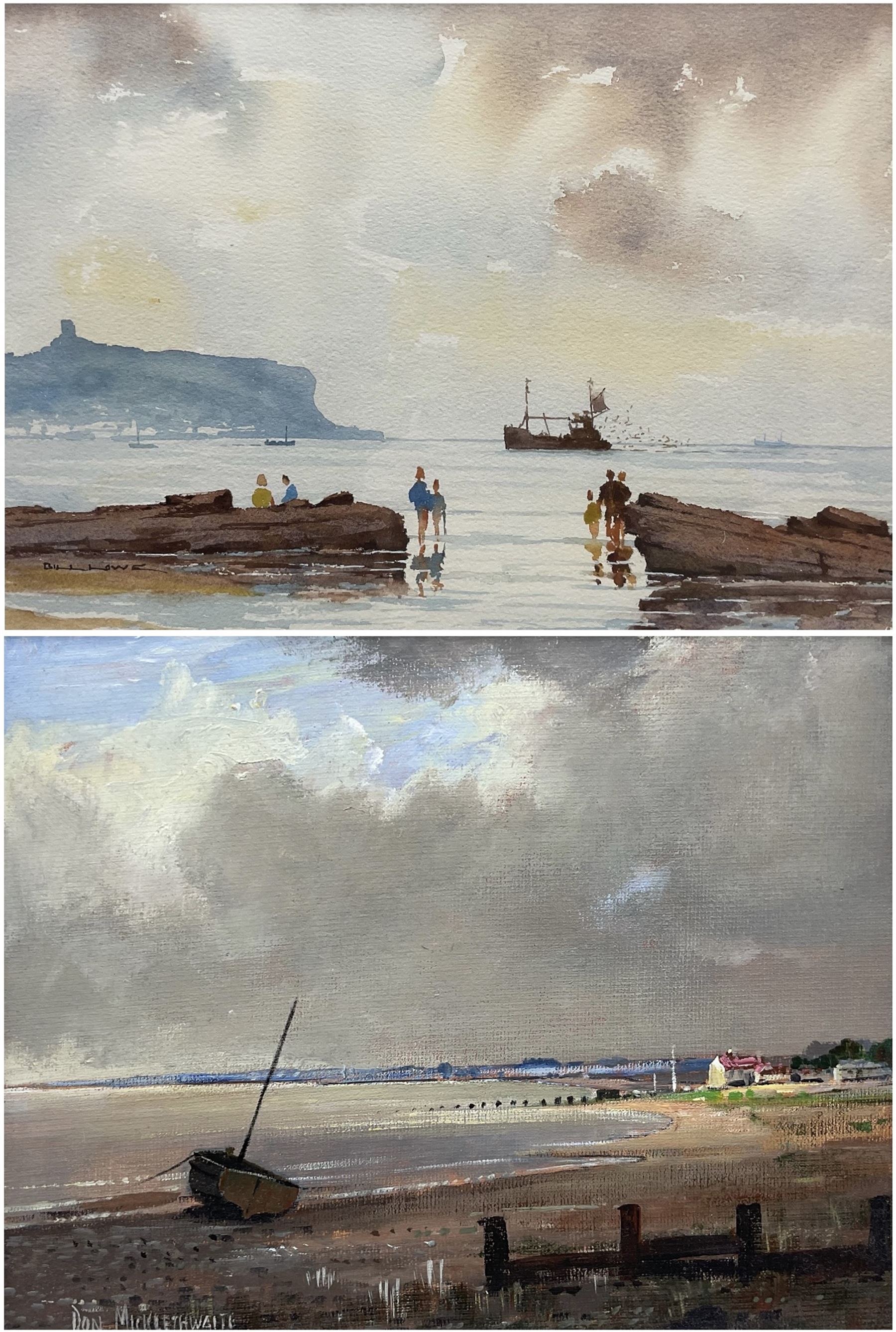 Don Micklethwaite (British 1936-): 'Kilnsea Beach - Humberside', oil on canvas board signed, titled verso 19cm x 24cm; Bill Lowe (British 1922-2006): 'South Bay - Scarborough', watercolour signed, titled verso 23cm x 30cm (2)