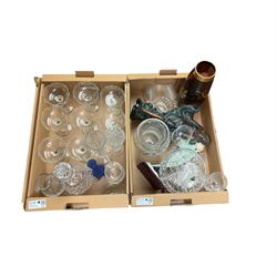 Set of eight champagne glasses with twisted stems, together with glass decanter and other collectables in four boxes  
