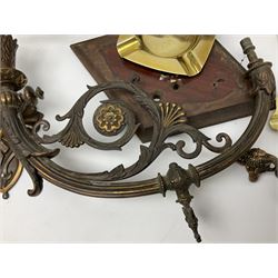 Victorian bronzed wall sconce, ornately decorated with ram's heads fixings, brass Primus paraffin pressure stove in tin box, brass doorstop modelled as a Scottish soldier, brass ashtrays, two wood boxes