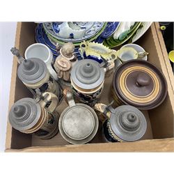 Assorted ceramics, to include German beer steins, decorative plates, Wedgwood Eden pattern tea wares, Royal Commemorative mugs, etc., in two boxes 