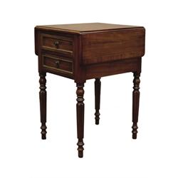  Regency style mahogany Pembroke table with two fall leaves, the two brass moulded drawers and door with drum handles on lobed tapering supports, W74cm, H75cm, D53cm  