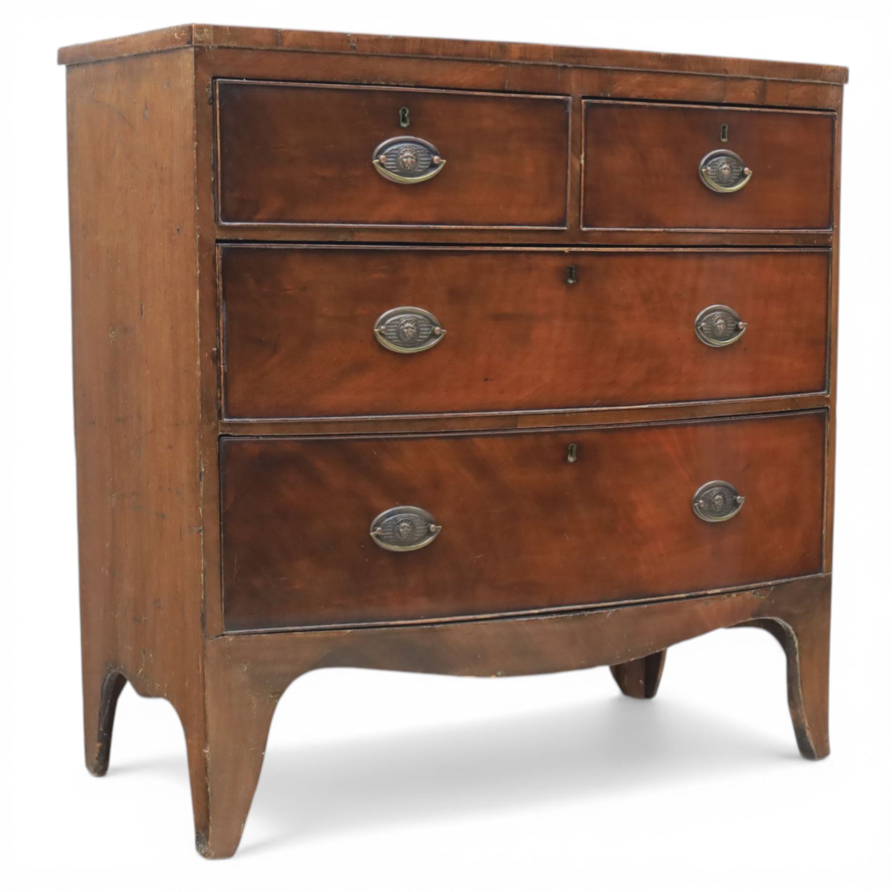 19th century small bow fronted mahogany chest, fitted with two short and two long drawers, raised on shaped bracket feet