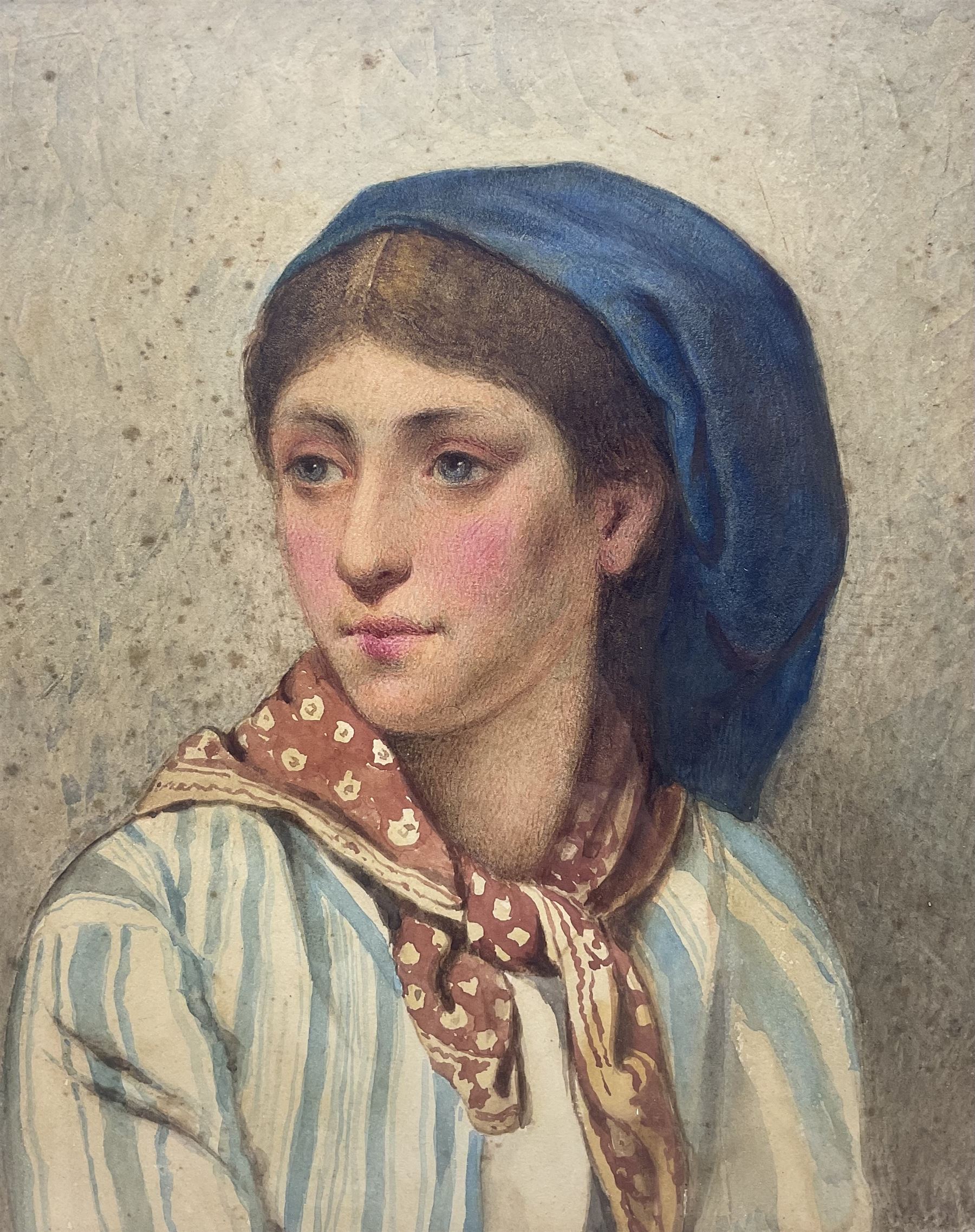 Manner of William Henry Hunt (British 1790-1864): Portrait of a Girl with a Blue Bonnet, watercolour unsigned 27cm x 22cm 