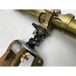 Early 20th century Ross London brass gunsight L67cm now as a telescope with Gaskell & Chambers bracket on hardwood and brass adjustable tripod marked 'Stands Inst No.16 Mk.1'