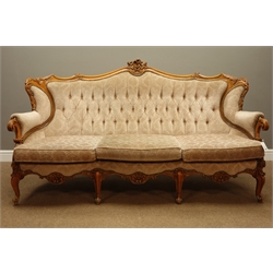  Mid to late 20th century Italian style carved beech framed three seat sofa (W190cm, D115cm), matching armchair (W80cm)  