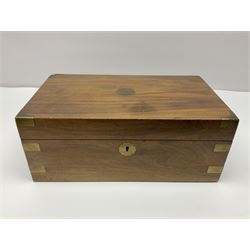 19th century burr yew wood tea caddy, of sarcophagus form, with strung details and brass mounts, the interior split into three compartments, upon four brass bun feet, together with an oak and brass bound writing slope, with red leather interior with gilt detailing, largest H16cm, W40cm