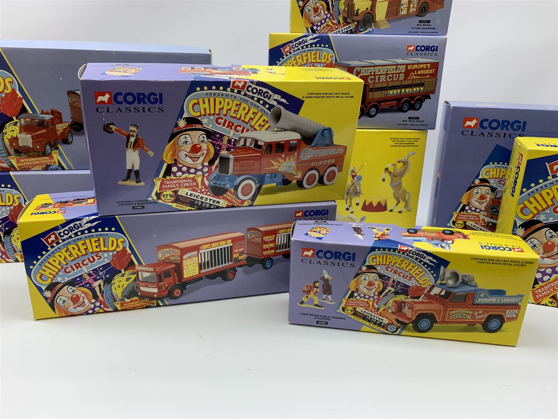 Sixteen Corgi limited edition Chipperfields Circus models - 07202 Land Rover Public Address & Clowns; 11201 ERF KV Artic with cages lions, tigers, pedestal & tamer; 14201 Foden S21 Articulated Tank Trailer with hippo & crocodile; 17801 Scammell Constructor Cannon & Ringmaster; 31703 Land Rover, Morris Minor Pick-Up, Thames Trader & AEC Fire Engine; 31901 Mary Chipperfield's Liberty Horses; 96905 Advance Booking Vehicle; 97022 AEC Regal Living Quarters; 97092 Bedford Pantechnicon Billy Smee Wardrobe; 97915 Scammell Highwayman with two trailers; 97887 Bedford O Articulated Horsebox; 97888 Foden Closed Pole Truck with Caravan; 97889 AEC Cage Truck & Trailer; 97896 AEC Pole Truck; 97957 ERF 8-Wheel Rigid Truck; and Set No.1 Six Circus Figures; all mint and boxed with certificates, some with posters, and brochure (16)