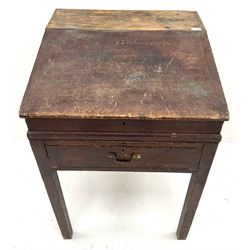 19th century pine writing desk, sloped hinged lid, single drawer, square supports