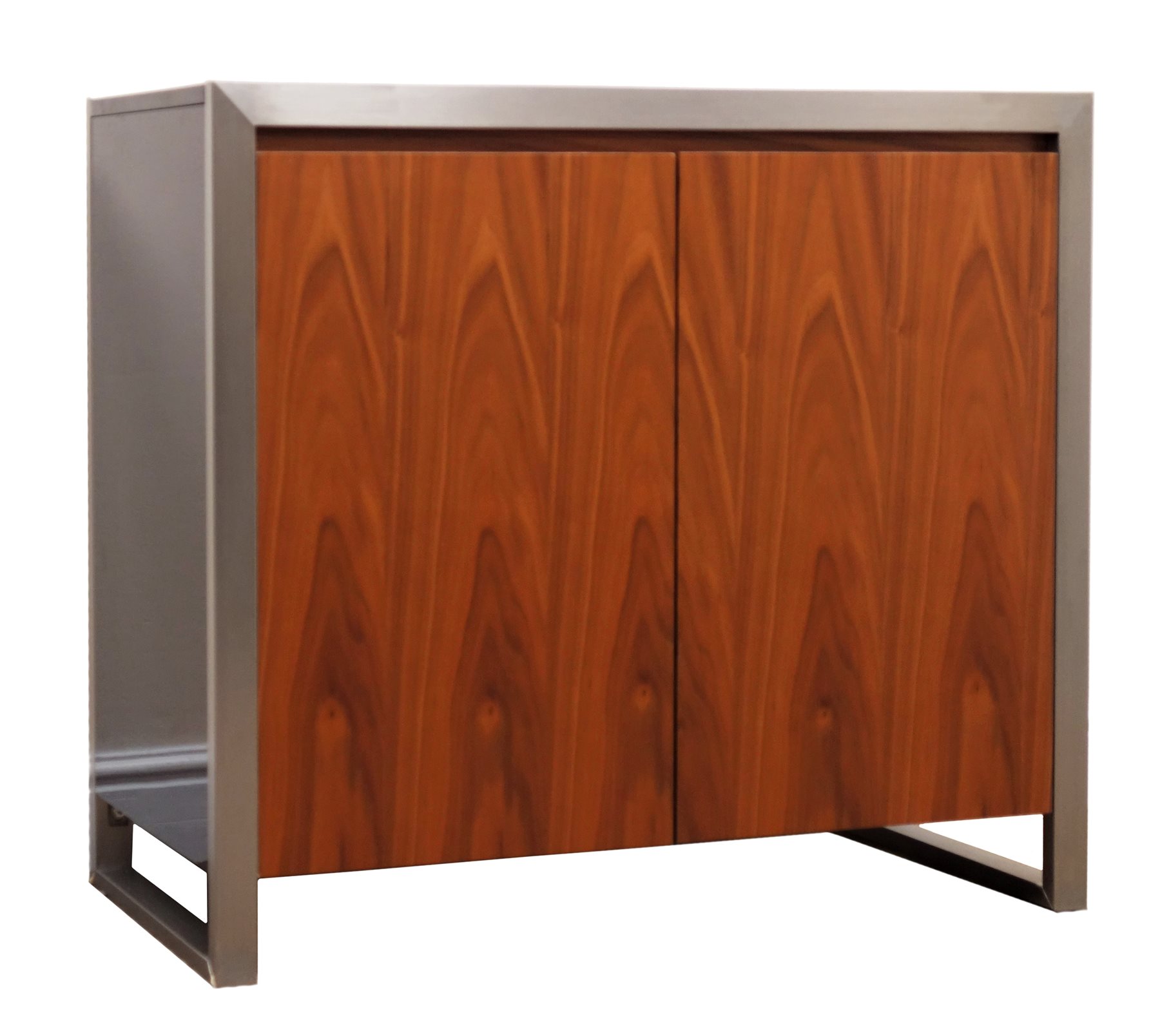 Dwell Furniture Nova walnut and black gloss cabinet,  two doors enclosing four adjustable shelves cabinet, brushed steel frame supports, W90cm, H80cm, D40cm