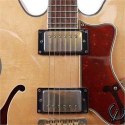 Epiphone by Gibson Sheraton semi-hollow electric guitar, serial no. S98081744 made in Korea c.1998, with natural blonde body, maple neck, fretboard with abalone and mother of pearl split block markers, with inlaid mother of pearl tree of life design and Epiphone logo to headstock, L109cm