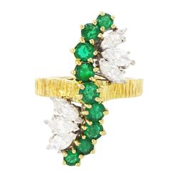 Gold emerald and diamond cluster ring, single row of round cut emeralds, set with three ma...