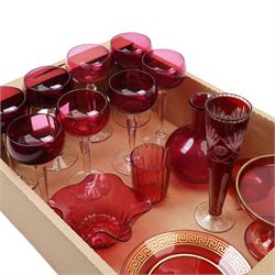 Cranberry glass small tazza with gilt decoration, similar plate, etched vase and other cranberry glass items
