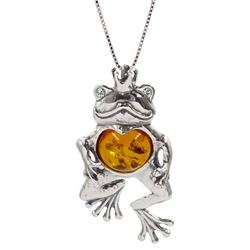 Silver Baltic amber frog prince pendant necklace, stamped 925