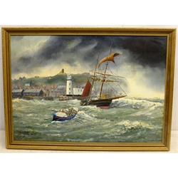  Scarborough Lifeboat on a Rescue in Stormy Seas, 20th century oil on board signed by Robert Sheader 42cm x 59.5cm  