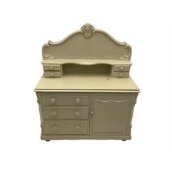 Victorian white painted pine chiffonier dresser, raised back with small drawers, fitted with single cupboard and three drawers