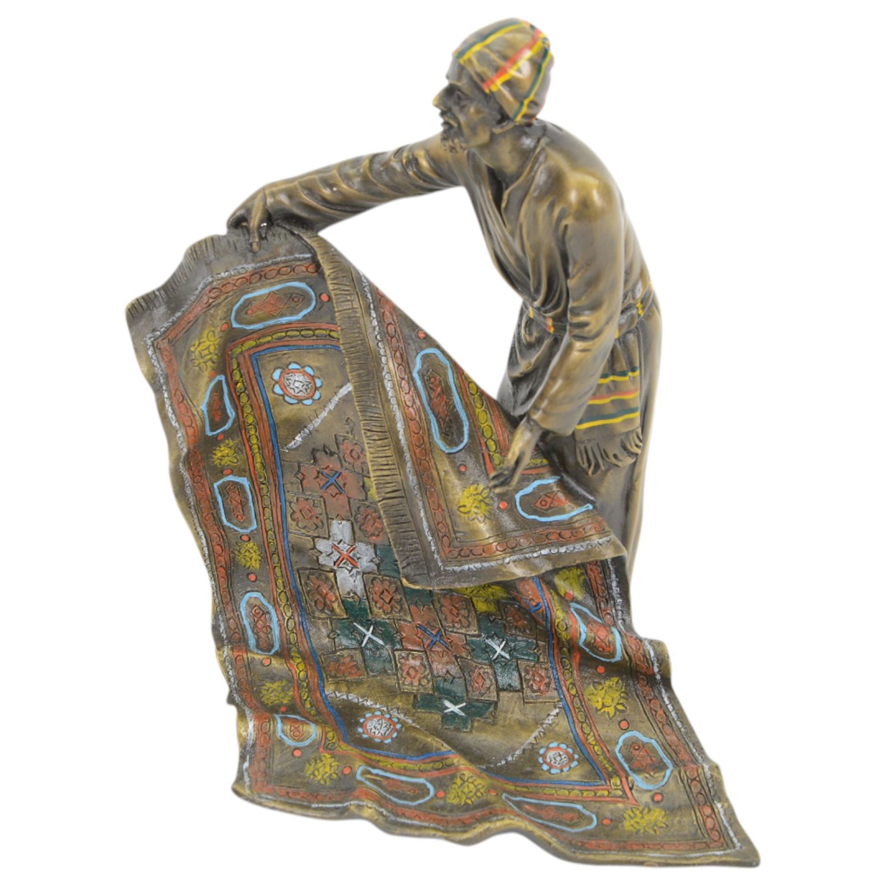 After Franz Bergmann bronzed sculpture of a carpet seller, with colourful painted highlights throughout, H19cm
