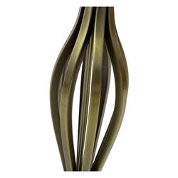 Contemporary brushed metal standard lamp, brass effect with cylindrical stem, on circular base, H131cm; matching table lamp, H35cm (2)