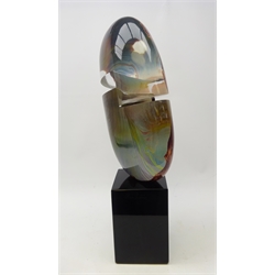  Dino Rosin (Italian 1948-): Large Murano Calcedonia glass sculpture 'Omega' raised on rectangular black glass plinth, signed with glass seal and signature, H68cm   