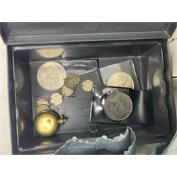 Mostly Great British coins including commemorative crowns, five pound coins, pre decimal coinage, various World stamps including Aden, Australia, British Guiana, Canada, Cayman Islands, Ceylon, Ireland, Gold Coast, Great Britain etc in albums and loose, in one box
