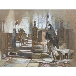 James Lobley (British 1828-1888): Gentleman Taking a Rest in the Church, watercolour signed 15cm x 20cm 